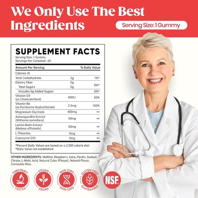 60 Day Supply Magnesium Glycinate 400mg Gummies with Ashwagandha, L-Theanine, CoQ10, Vitamin D3 & B6, Sugar Free Magnesium Gummies for Adults & Kids, Stress Relief, Sleep & Calm, Vegan, Gluten Free