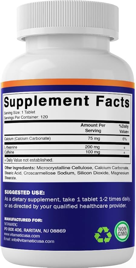 Vitamatic Caffeine Pills with L-Theanine – 300 mg Per Tablet – 120 Vegetarian Tablets (Pack of 2, Total 240 Tablets)
