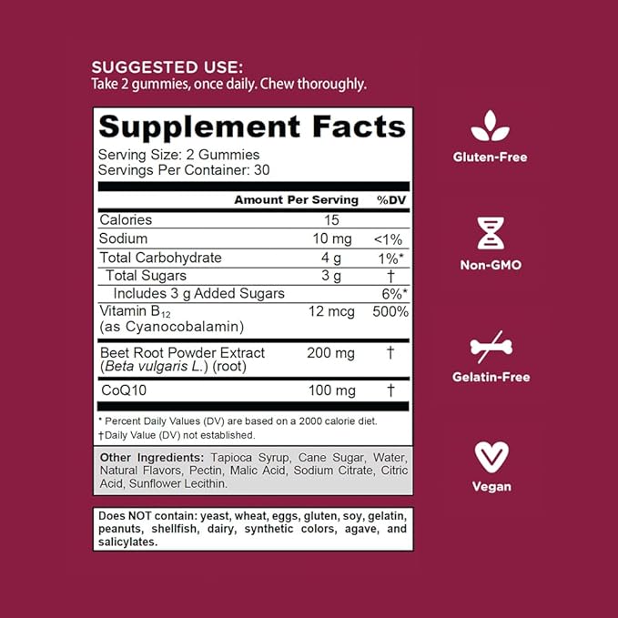 Goli Beets Cardio Gummies with CoQ10 and Vitamin B12 - Beetroot Extract - Cardiovascular Wellness - Vegan, Non-GMO, Gluten-Free