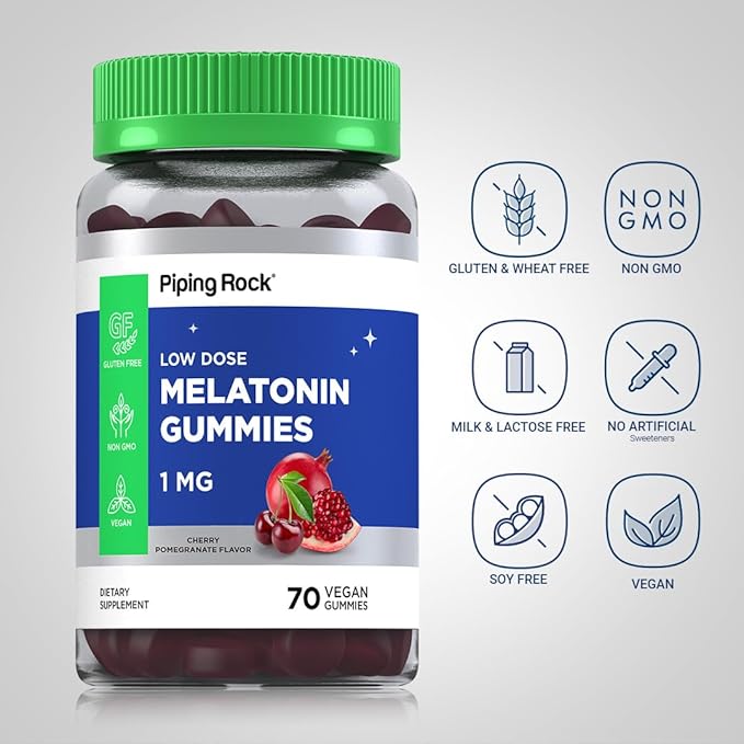 Piping Rock Melatonin Gummies 1 mg | 60 Count | Cherry Pomegranate Flavor | Low Dose | Adult Supplement | Vegan Formula | Non-GMO, Gluten Free