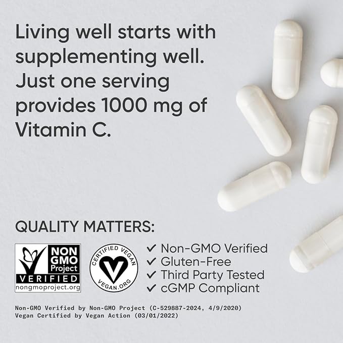 Sports Research High Potency Vitamin C Supplement - Vegan Veggie Capsules for Antioxidant Activity & Immune Support - Non-GMO Verified & Gluten Free - Ascorbic Acid Vitamin C 1000mg, 240 Count