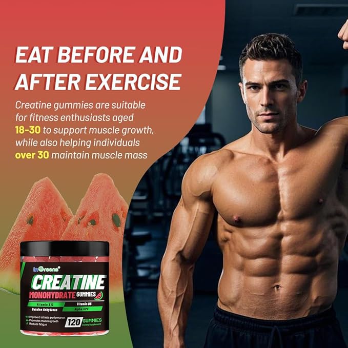 inGreens Creatine Monohydrate Gummies 6g for Men & Women, Sugar-Free Creatine Chewables with Betaine, Alpha GPC, Vitamin B6 & B12, Natural Berry Flavor, Gluten-Free, 120 Count
