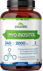 Zazzee Myo-Inositol Capsules, 2000 mg per Serving, 240 Vegan Capsules, Ideal Dosage for 40:1 Ratio, Certified Kosher, Hormone Balance & Healthy Ovarian Function Support, Non-GMO, Made in the USA