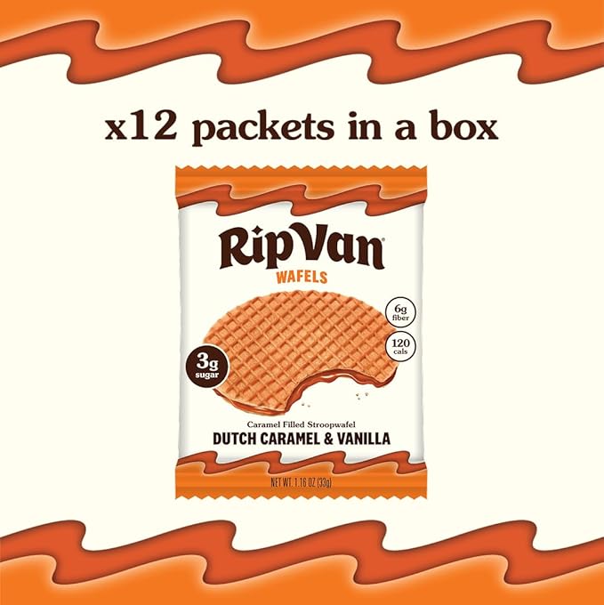 Rip Van Wafels Dutch Caramel & Vanilla Stroopwafels, Healthy Snacks, Non-GMO, Low Calorie, Low Sugar (3g), Office Snacks, Keto Friendly, 12 Count