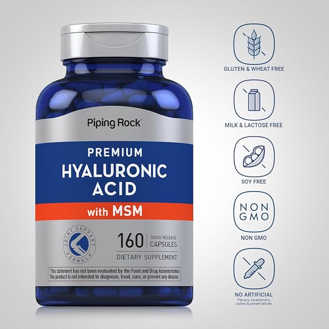 Piping Rock Hyaluronic Acid Supplement | 100mg | 160 Capsules | with MSM for Women and Men | Non-GMO, Gluten Free