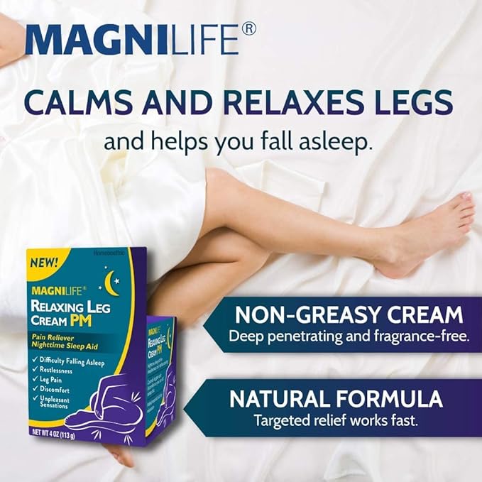 MagniLife Relaxing Leg Cream PM, 4 Oz, Homeopathic Nighttime Pain Reliever & Sleep Aid with Lavender & Magnesium, Non-Greasy Deep Penetrating Cream for Restless Legs & Discomfort