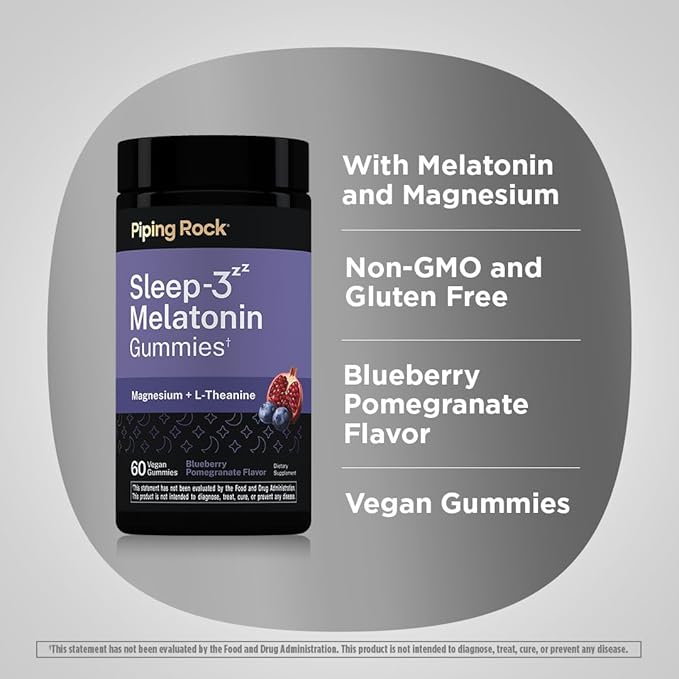 Piping Rock Melatonin Gummies | with Magnesium and L-Theanine | Blueberry Pomegranate Flavor | Vegan, Non-GMO and Gluten Free Supplement