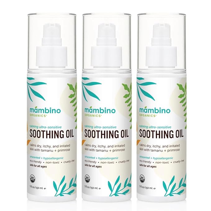 Mambino Organics Soothing Baby Oil, Organic Unscented Body Oil with Jojoba, Evening Primrose, Hydrates Dry, Itchy Skin, Gentle for Babies, Kids, Vegan, Baby Care Products, 3 Pack, 5 fl oz