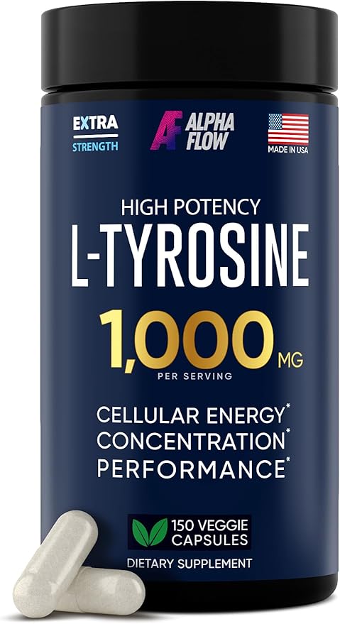 Alpha Flow L Tyrosine 1000MG Capsules - All-Natural L- Tyrosine Supplement for Focus & Energy Boost - Non-GMO & Gluten-Free - Vegan 150 Caps -500mg x 2 per Serving