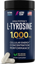 Alpha Flow L Tyrosine 1000MG Capsules - All-Natural L- Tyrosine Supplement for Focus & Energy Boost - Non-GMO & Gluten-Free - Vegan 150 Caps -500mg x 2 per Serving