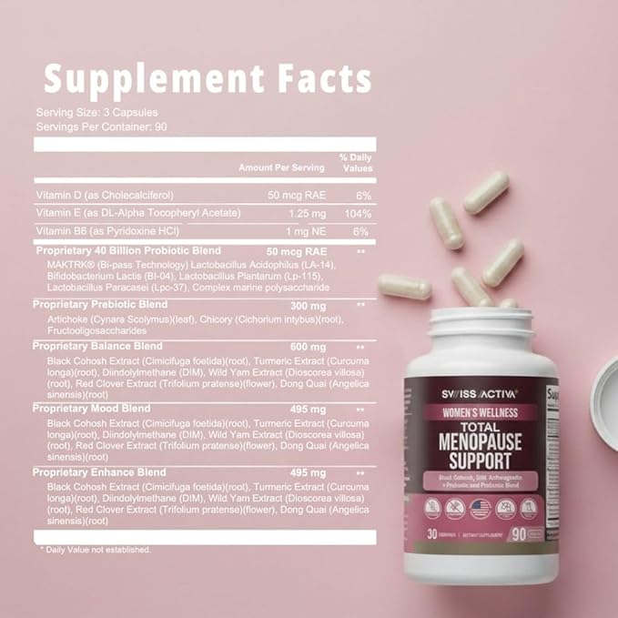Swiss Activa+ Labs Total Menopause Support – Hormone Balance, Hot Flash Relief, Mood & Energy Boost, Gut Health, Vegan, Non-GMO Plant-Based Menopause Supplements for Women – 30-Day Supply