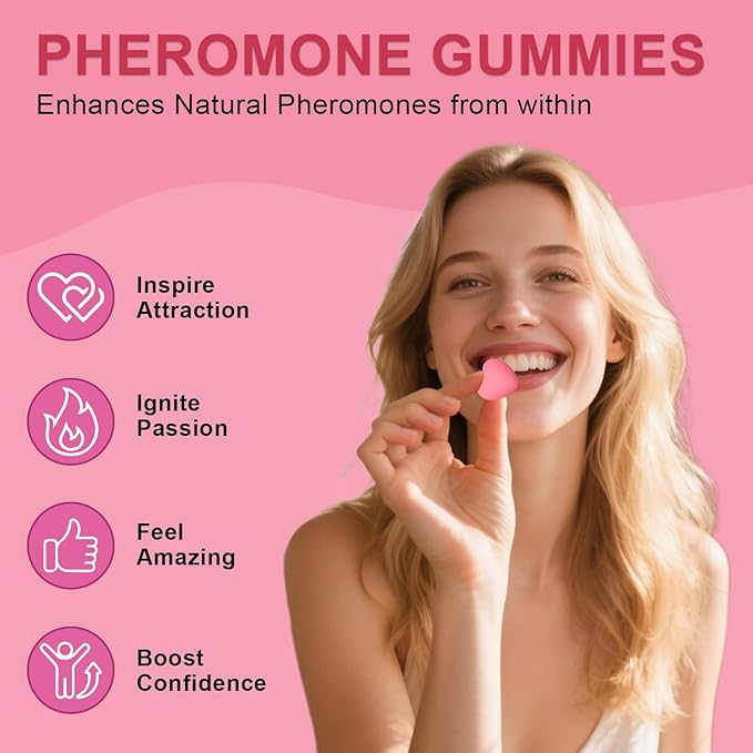 Pheromone Gummies for Women, Feminine Balance Gummies, Strawberry Flavor, Vegan, Gluten Free, Pink, 60 Gummies