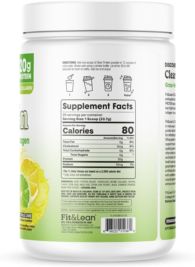 Fit & Lean Clear Protein Powder with Whey Isolate Protein and Collagen, Grass Fed, Muscle Recovery, Skin, Joints, GLP-1 Support, 0g Sugar, Citrus Lime, 20 Servings