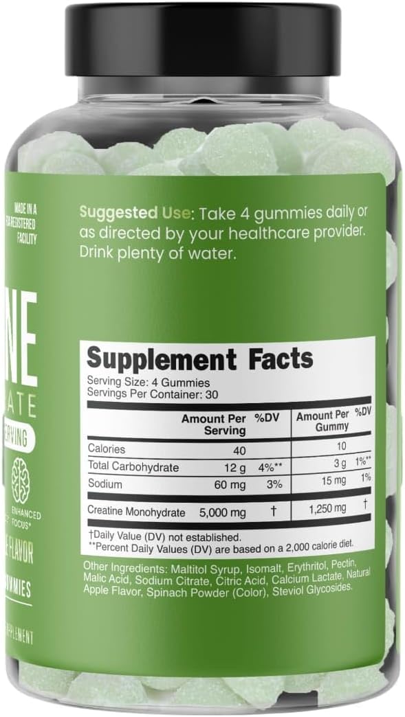 Creatine Monohydrate Gummies 5g per Serving, chewable, Vegan, Non-GMO, Sugar-Free, Soy-Free, Gluten-Free, Men & Women,More Strength & Recovery- Sour Apple Flavor, Made in USA