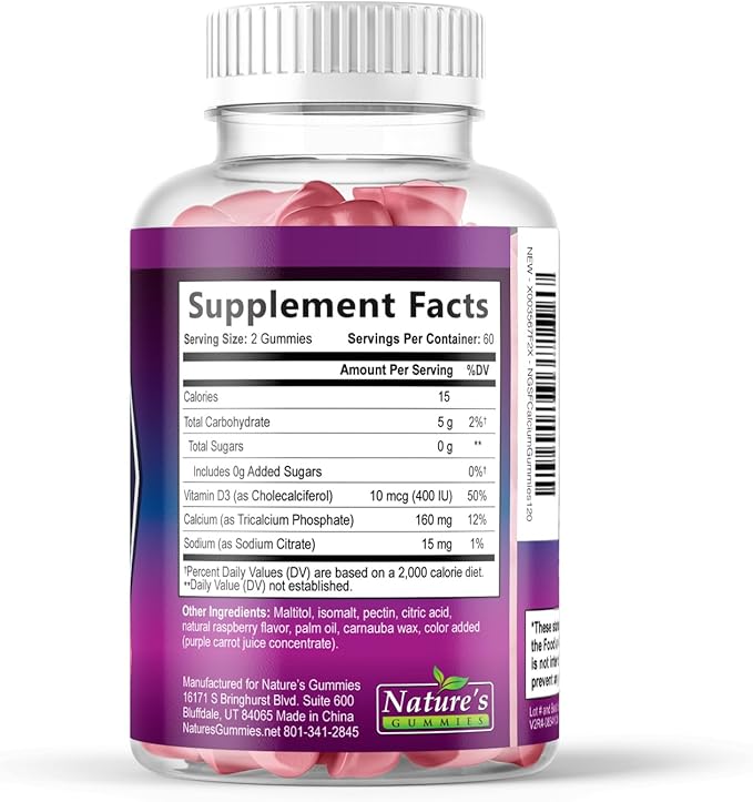 Calcium Supplement Gummies - Sugar Free Calcium Gummy with Vitamin D3 for Best Absorption - Supports Immune Health, Bones & Teeth - Nature's Calcium Chews for Women & Men - Berry Flavor - 120 Gummies