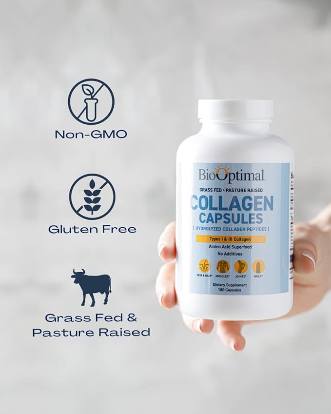 BioOptimal Collagen Peptides Capsules - Grass-Fed, Pasture-Raised Hydrolyzed Protein Supplement for Skin, Hair, & Nails - Non-GMO, Zero Sugar Daily Pills for Men & Women (180 Capsules)