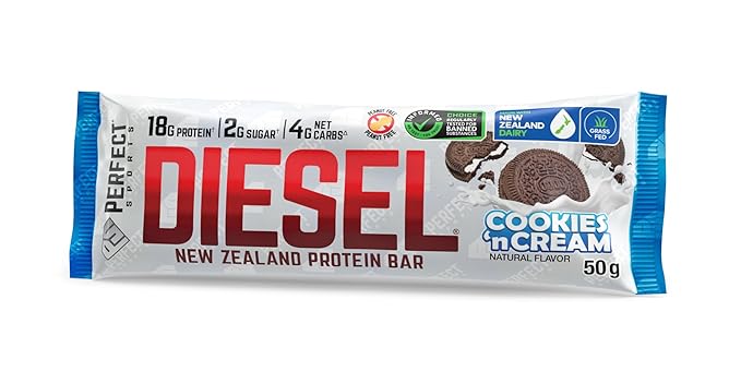 PERFECT SPORTS Diesel New Zealand Whey Protein Bars | Stevia Sweetened, No Artificial Flavors | Low Sugar, 18g Protein | 12 Pack (Cookies n' Cream)