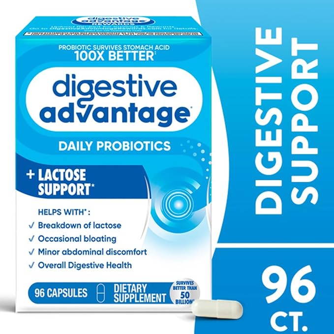 Digestive Advantage Lactose Defense Enzymes + Probiotics for Women & Men Occasional Bloating, Lactose Breakdown, Minor Abdominal Discomfort, Immune Support, 96 Count Capsules (4 Pack)