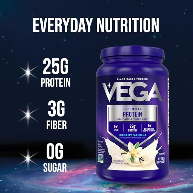 Vega Original Essential Protein - 25g Plant-Based Protein, Creamy Vanila, 10 Servings, Vegan, Non-GMO Drink Mix, Smoothie & Shake Ready, Gluten Free, Dairy Free, 16.2oz (Packaging May Vary)