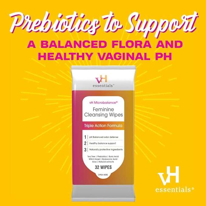 vH essentials Feminine Cleansing Wipes 32 ct. pH Balanced, Prebiotics, Tea Tree & Aloe, Soothing Witch Hazel, Vaginal and Perianal Care, Paraben, Alcohol, and Fragrance-Free (Pack of 6)