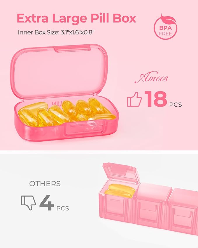 AMOOS Enlarged Weekly Pill Organizer, 7 Day Pill Box Cases Easy to Open, BPA-Free Medicine Organizer with 7 Inner Separate Pill Container for Vitamins, Fish Oils, Supplements