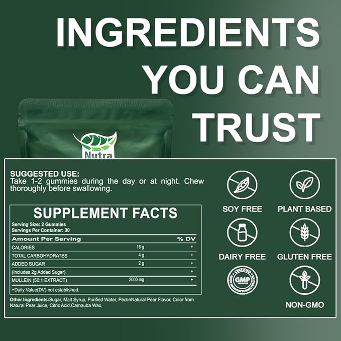 Mullein Gummies for Lung Detox 1000mg Mullein Leaf Herb Extract for Respiratory & Digestive & Immune Support, Vegan, Pear Flavor 60/120 (2)