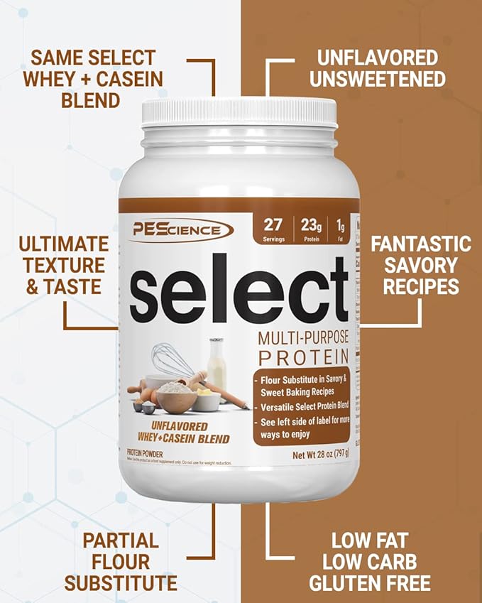 PEScience Select Multi-Purpose Unflavored Protein Powder, Low Carb, Keto Friendly, Gluten Free, Whey & Casein Protein Flour for Baking and Smoothies, 27 Servings
