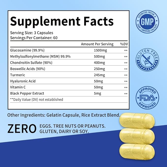 Glucosamine Chondroitin MSM and Turmeric Supplement - Used for Cartilage & Joint Health & Flexibility - for Women & Men - Non-GMO, Gluten Free, 180 Capsules