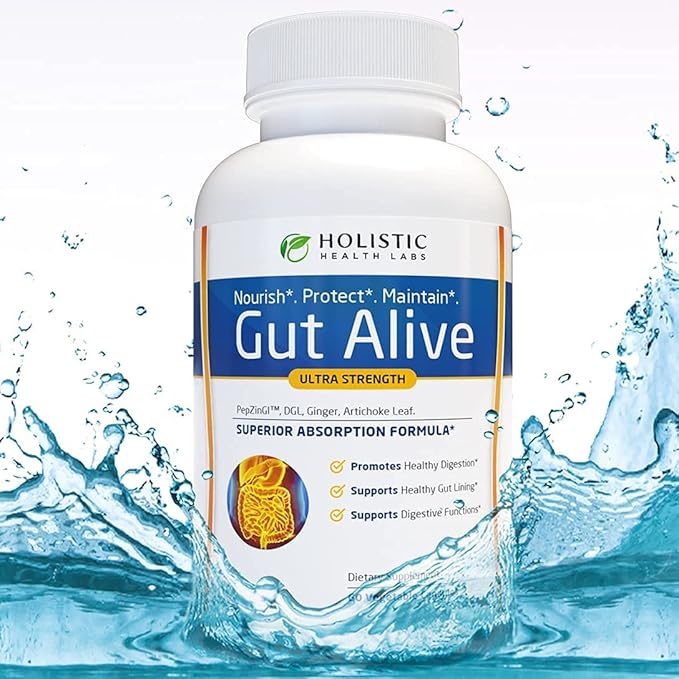Holistic Health Labs Gut Alive - All Natural Support to Fight IBS, Heartburn, Acid Indigestion, Acid Reflux, Bloating & Gas. Unique Formulation (60 Count (Pack of 1))