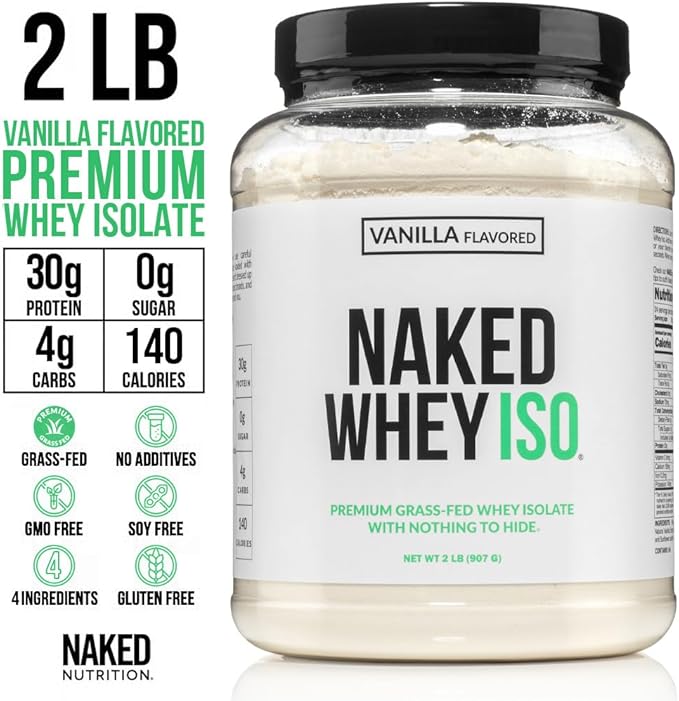 NAKED Vanilla Whey Isolate Protein - Only 4 Ingredients, 30g Grass-Fed Protein, Undenatured, No GMO, No Soy, Gluten-Free, No Preservatives - 24 Servings
