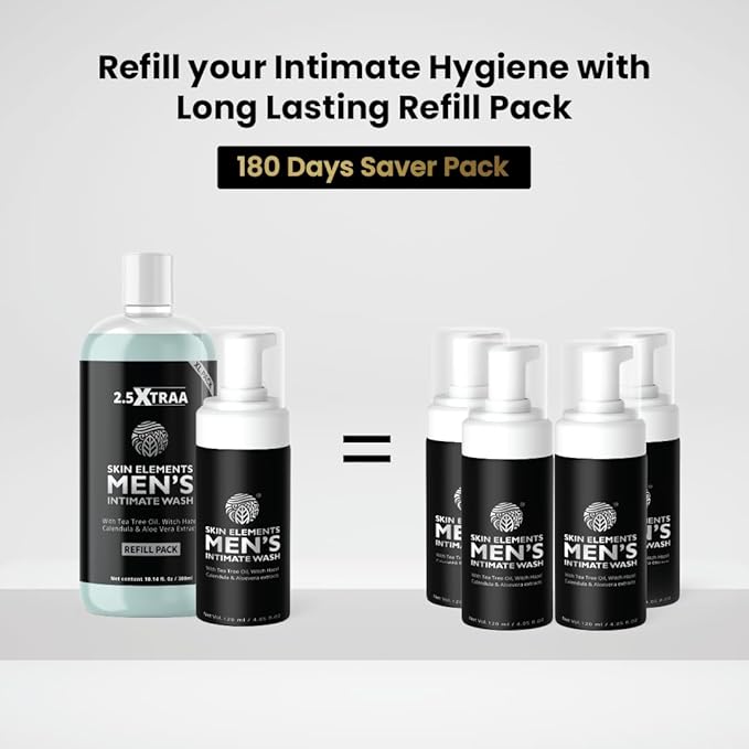 Skin Elements Men's Intimate Wash JUMBO Pack | with Refill | For 180 Days | 14.2 fl. oz | pH Balanced Hygiene Foaming Wash | Controls Bad Odor | Tea Tree Oil | Super Saver Pack |