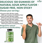 Creatine Monohydrate Gummies 5g per Serving, chewable, Vegan, Non-GMO, Sugar-Free, Soy-Free, Gluten-Free, Men & Women,More Strength & Recovery- Sour Apple Flavor, Made in USA