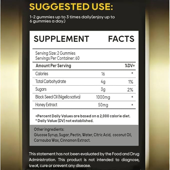 Eilin YHT Sativa Black Seed Oil Gummies 1000MG Immune System Joints Digestion Hair Skin Support Supplement 60 Counts