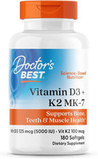 Doctor's Best Vitamin D3 5,000 IU + K2 MK-7 100 mcg, Supports Bone, Teeth & Muscle Health, and Heart Health, Non-GMO, Gluten Free, 180 Softgels