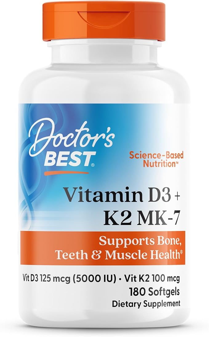 Doctor's Best Vitamin D3 5,000 IU + K2 MK-7 100 mcg, Supports Bone, Teeth & Muscle Health, and Heart Health, Non-GMO, Gluten Free, 180 Softgels