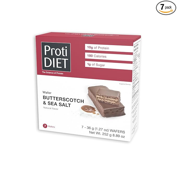 ProtiDIET Protein Butterscotch and Sea Salt Wafer - 10g Protein, Low Sugar - Convenient Meal Replacement Bars and Healthy Snacks for Adults - 7 Protein Bars Per Box