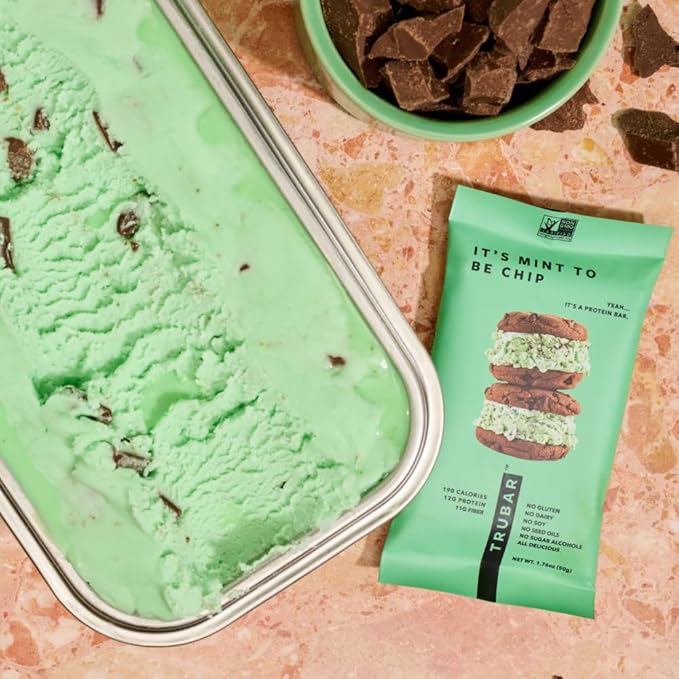 TRUBAR Vegan Protein Bar,It's Mint To Be Chip, Gluten Free, Plant Based Protein, Dairy Free, Non GMO, Soy Free, No Sugar Alcohols, 12G Protein, 12G Fiber, 23G Carb, On the Go Snack Bars, 12ct