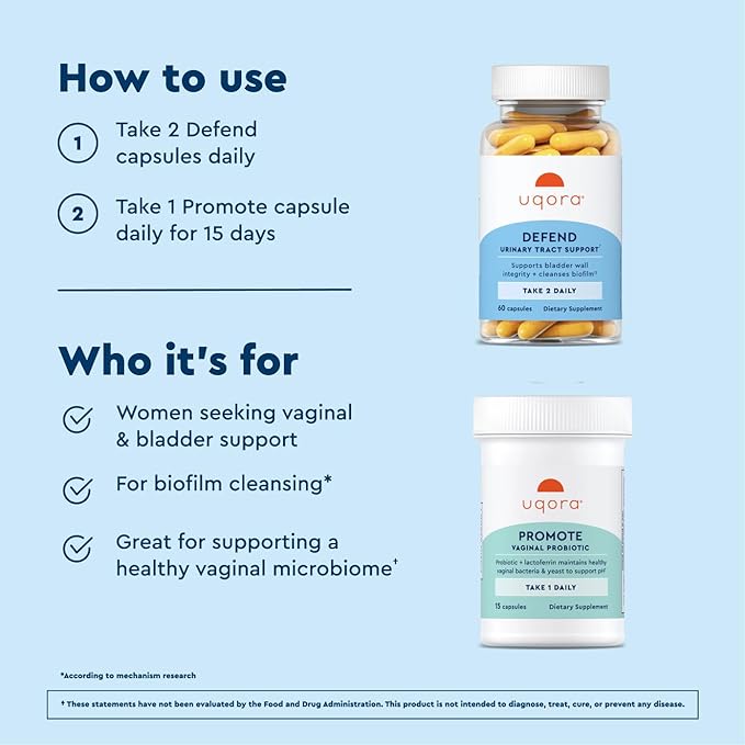 Uqora Defend & Promote - Urinary & Vaginal Health Supplement Bundle for Daily Support - Supports Vaginal Health, Bladder Wall Integrity & Cleanses Biofilm** - Easy to Consume - One-Month Supply