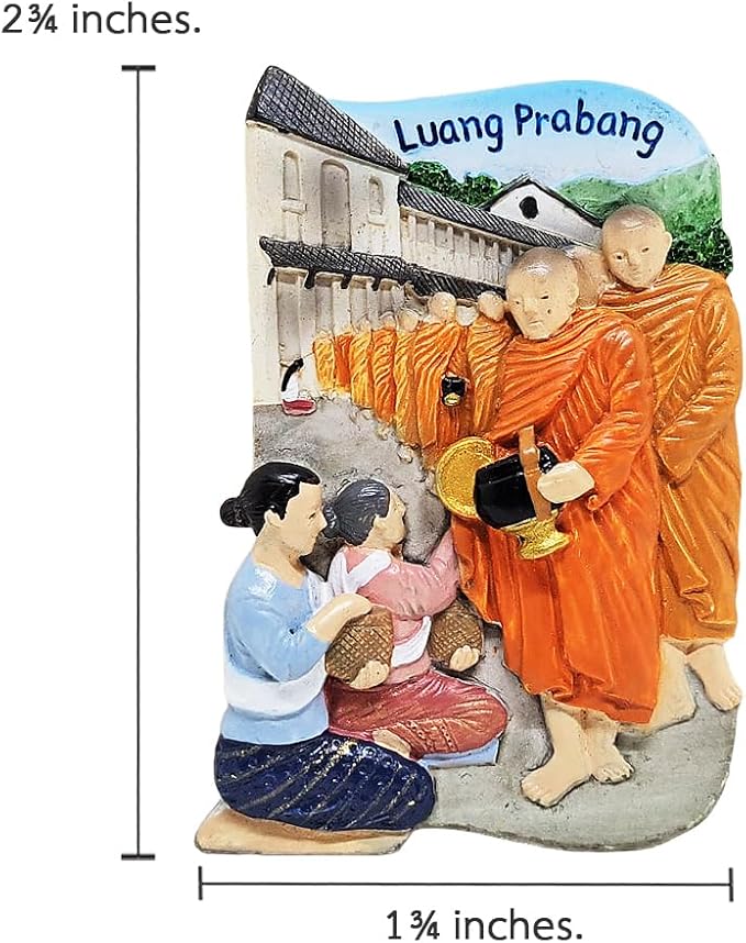 WitnyStore Tiny Morning Alms Giving Offer Sticky Rice and Food to Buddhist Monks in Luang Prabang, Laos Southeast Asia Tourist Attractions Resin Refrigerator Magnet Traveler Souvenir 3D Fridge Magnets