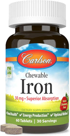 Carlson - Chewable Iron, 30 mg, Superior Absorption, Blood Health, Energy Production & Optimal Wellness, Natural Strawberry Flavor, 60 Tablets