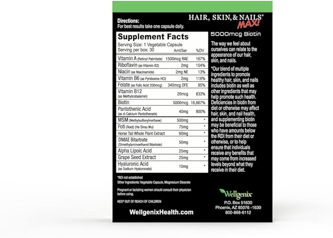 Wellgenix Purvana MAX Hair Skin and Nails Supplement – 5000mcg Biotin with MSM & B-Complex – Supports Thicker Hair, Stronger Nails & Glowing Skin – 60 Veggie Capsules (2 Pack)