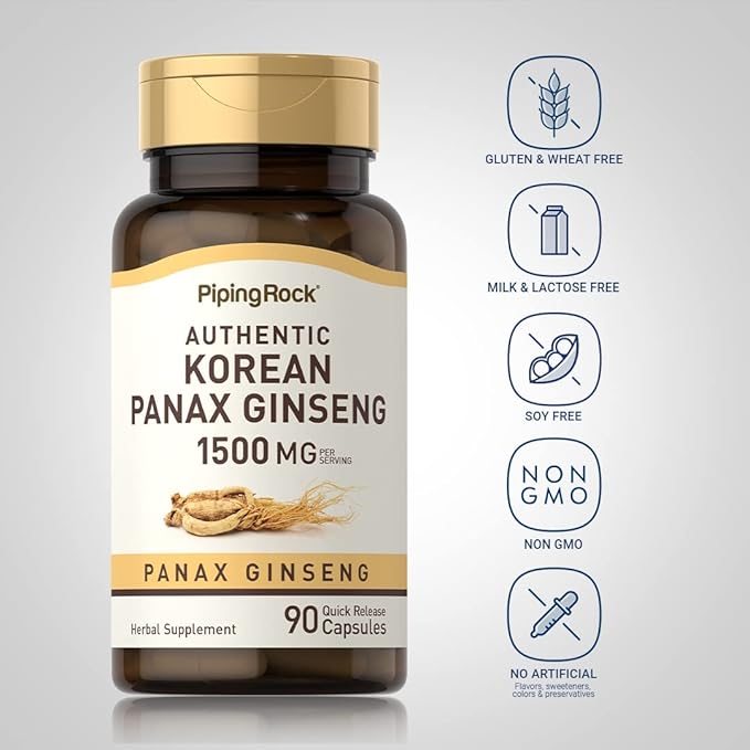 Piping Rock Korean Ginseng Capsules | 1500mg | 90 Count | Panax Ginseng Root Extract | Herbal Supplement | Non-GMO, Gluten Free
