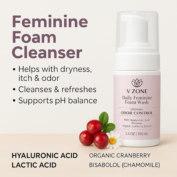VZone Daily Feminine Foam Wash – Feminine Wash for Women with Hyaluronic Acid, Lactic Acid and Cranberry Extract – Odor Control, pH Balanced, Fragrance-Free, Paraben-Free, Vegan (3.4 OZ)