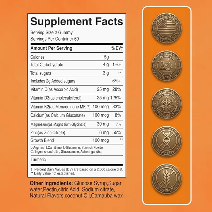 Tall Gummies for Kids Age 2+ & Teens- Tall Gummies with Calcium, Vitamin D3 + K2, Zinc, Magnesium, L-Arginine, Vitamin C for Teen Boys & Girls- Strawberry Flavour 60 Gummies
