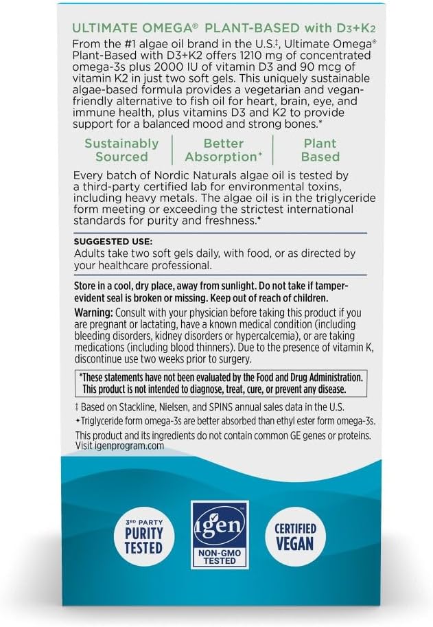 Nordic Naturals Ultimate Omega Plant Based Vitamin with Vitamin D3+K2-60 Vegetarian Soft Gels - 1210 mg Omega-3s Plus 2000 IU D3 and 90 mcg K2 - Promotes Brain Health - Non GMO - 30 Servings