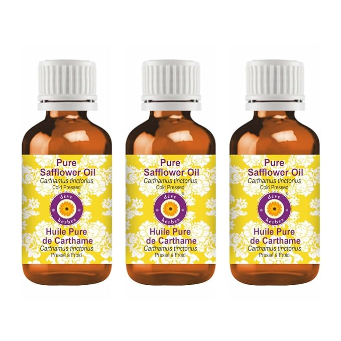 Deve Herbes Pure Safflower Oil (Carthamus tinctorius) Cold Pressed (Pack of Three)100ml X 3 (10 oz)