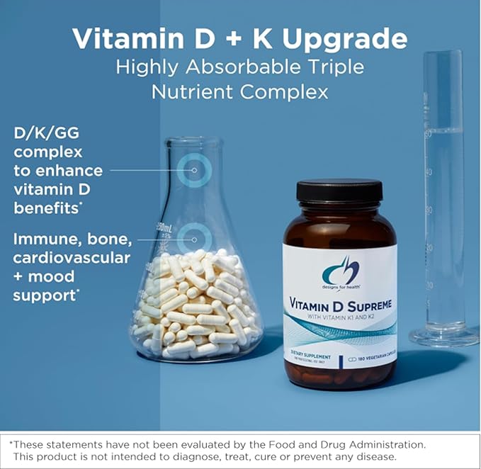 Designs for Health Vitamin D Supreme - Vitamin D 5000 IU with 2000mcg Vitamin K as MK4 for Bone Health, Heart Health, Mood & Immune Support - Vitamin D3 Enhanced with GG Supplement (60 Capsules)