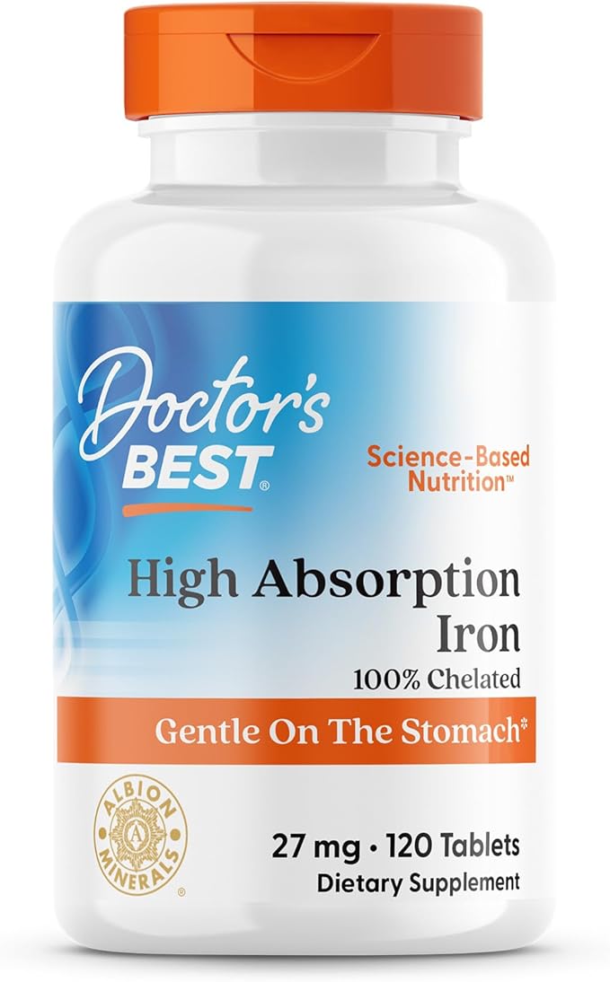Doctor's Best High Absorption Iron Tablet with Ferrochel, Gentle on The Stomach, Immune Health, Blood Health, 27 mg