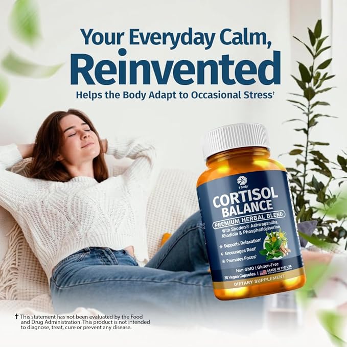 1 Body Cortisol Support for Women & Men – Ashwagandha, Phosphatidylserine & Saffron – Stress Relief, Calm Mood, Balanced Energy & Sleep Support – Vegan