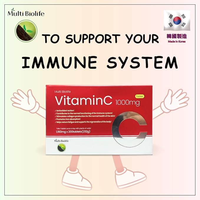 Vitamin C 1000mg (200 Tablets) - Supports a Immune System & Anti-oxidant Protection | Gluten Free - Made in Korea